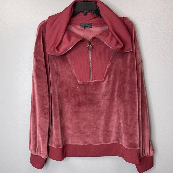 Summersalt Velvet Top Womens Large  Dark Dusty Pink Funnel Zip Neck Long Sleeve - Picture 8 of 11
